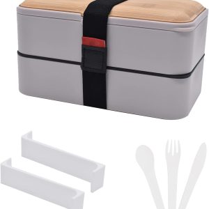 1200ML , Japanese Lunch Boxes, 2 Stackable Food Containers,for Adults, Men&Women, with Nylon Sealing Strap,Built-In Reusable Cutlery,BPA Free,Bamboo Lid,Microwave Safe (GREY)