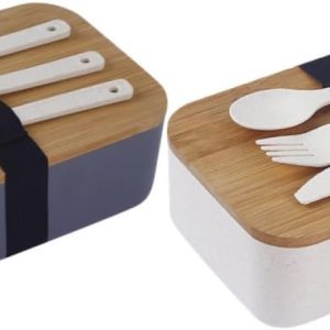 2Pcs Portable Japanese Style Lunch Box with Bamboo Wooden Lid Lunch Storage Container for Outdoor Use Includes Cutlery Lightweight Food Carrier