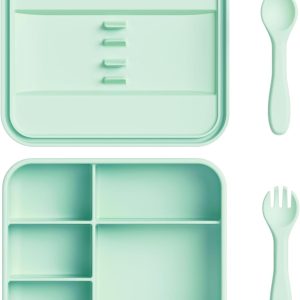 Leak-Proof, Versatile 5-Compartment Bento Style Lunch Box, Silicone Bento Lunch Box for Teens and Adults, Food-Safe Materials, Fork and Spoon Utensils(Naughty Blue)
