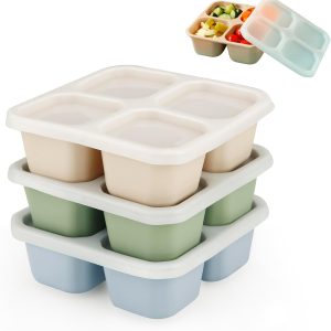 3 Pack Snack Containers, 4 Compartment Silicone Bento Lunch Snack Box with Lids, Reusable Divided Meal Snack Containers for Adults Kids Toddler, Food Storage Containers for School Work Travel