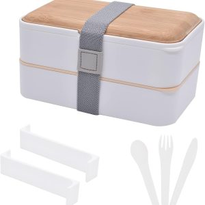 1200ML , Japanese Lunch Boxes, 2 Stackable Food Containers,for Adults, Men&Women, with Nylon Sealing Strap,Built-In Reusable Cutlery,BPA Free,Bamboo Lid,Microwave Safe (WHITE)