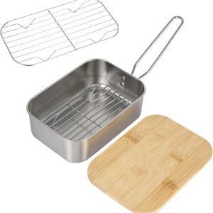 Lunch Box, Stainless Steel Camping Bento Box W/a Folding Handle Food Containers W/bamboo Lid for Outdoor Camping Backpacking Cooking Metal Lunch Box