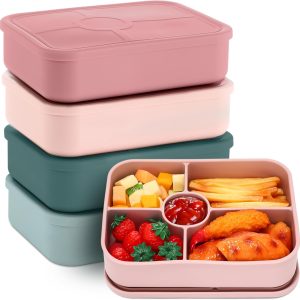 4 Pack Silicone  Lunch Box 5 Compartment with Sauce Section Reusable Meal Prep Containers Leakproof Snack Box Microwave Dishwasher Safe for Work Travel(Pink Green Color)