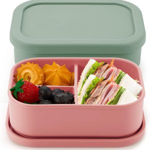 2 Pcs Silicone Bento Box Reusable 3 Compartment Silicone Bento Lunch Container for Adults Microwave Dishwasher Freezer Safe (Pink,Gray Green)