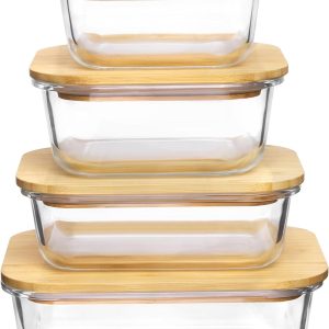 Glass Food Storage Containers with Bamboo Lids, 4 Pack Meal Prep Glass Containers Safe for Microwave, Oven, Freezer and Dishwasher, BPA Free