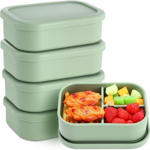 4 Pcs Silicone Bento Lunch Box 3 Compartment Reusable Leakproof Silicone Bento Lunch Container for Adults Microwave Dishwasher Freezer Safe (Olive Green)