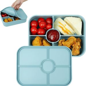 Silicone Bento Box, 4 Compartments Leakproof Bento Lunch Box with Sauce Compartment, BPA-Free, 45oz Reusable Meal Prep Containers for Adults, Microwave and Dishwasher Safe