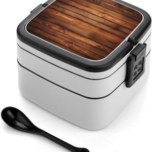 Brown Wooden Bento Box with Compartments Double Layer Bento Lunch Box with Spoon And Handle All-in-One Adult Lunchbox Leakproof Lunch Container for Work Picnic Travel