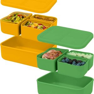 Platinum Silicone Bento Lunch Box Set of 2 – 3 Compartments, Leakproof, Versatile, Durable, Microwave & Freezer Safe, Meal Prep, Food Storage for All Ages (Watermelon Green & Gold Honey)