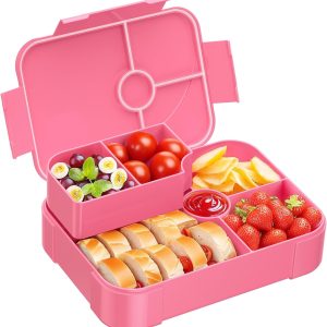 Bento Lunch Box for Kids - Leakproof Bento Box with 6 Compartments Portions Lunchbox for Kids Ages 3 to 7 Back to School, BPA-Free Snack Packing Containers Reusable On-the-Go Meal Prep, Pink