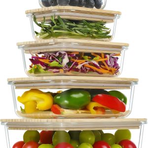 Glass Containers with Bamboo Lids, Meal Prep Glass Food storage Container Set, 5 Pack, Pantry & Kitchen Organizer, Microwave, Oven, Freezer Safe