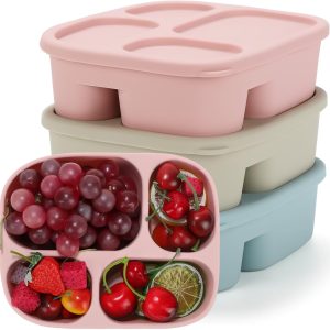 3 Pack Leakproof Silicone Bento Lunch Boxes with Lid 4 Compartments for School Start Reusable Bento Box Food-grade Divided Storage Container Bpa Free Dishwasher Microwave Freezer for Adults