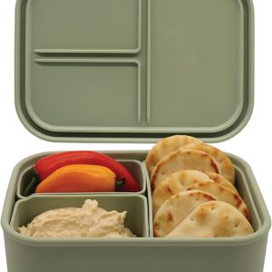 Silicone Bento Box, 3 Removable Compartments, BPA-Free, Leak-Resistant, Dishwasher and Microwave Safe, Perfect for Work, Travel & Meal Prep, (Green)