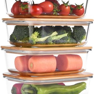 Glass Food Storage Containers with Bamboo Lids 36.0oz/1.0L - Stackable Meal Prep Container - Airtight Glass Food Containers - Microwave, Dishwasher Safe - Reusable Lunchbox (Pack of 4)