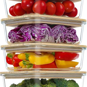 Glass Containers with Bamboo Lids, Bamboo Meal Prep Storage Containers with Lids, Oven, Freezer, Microwave Safe, Pack of 4, 35oz