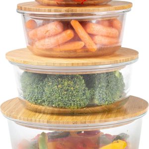 Glass Meal Prep Containers with Bamboo Lids, 4 Pack - Airtight Clear Food Storage Canisters for Kitchen Organization - A Family-Owned American Brand