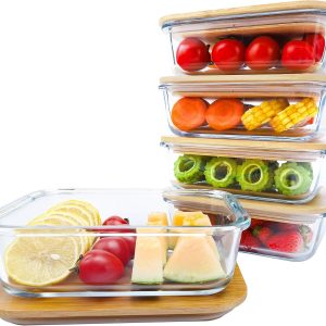 Premium Glass Meal Prep Lunch Containers with bamboo Lids Plastic Free Glass Food Containers BPA-Free Microwave Oven Freezer Dishwasher Safe 5 pack set 10 pieces (G004 bamboo lid)