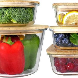 Glass Containers with Bamboo Lids for Food Storage and Meal Prep, Set of 5