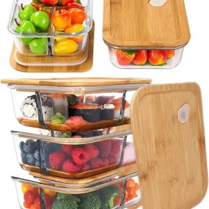 Glass Bamboo Lids Meal Prep Containers Food Storage Pantry Kitchen Fridge Cabinet Organizer, Lunch Box, Microwave Oven, [3PACK]
